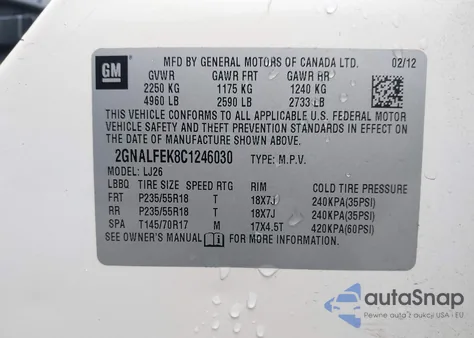 2012 Chevrolet Equinox Ltz из США, поврежденный, VIN 2GNALFEK8C1246030